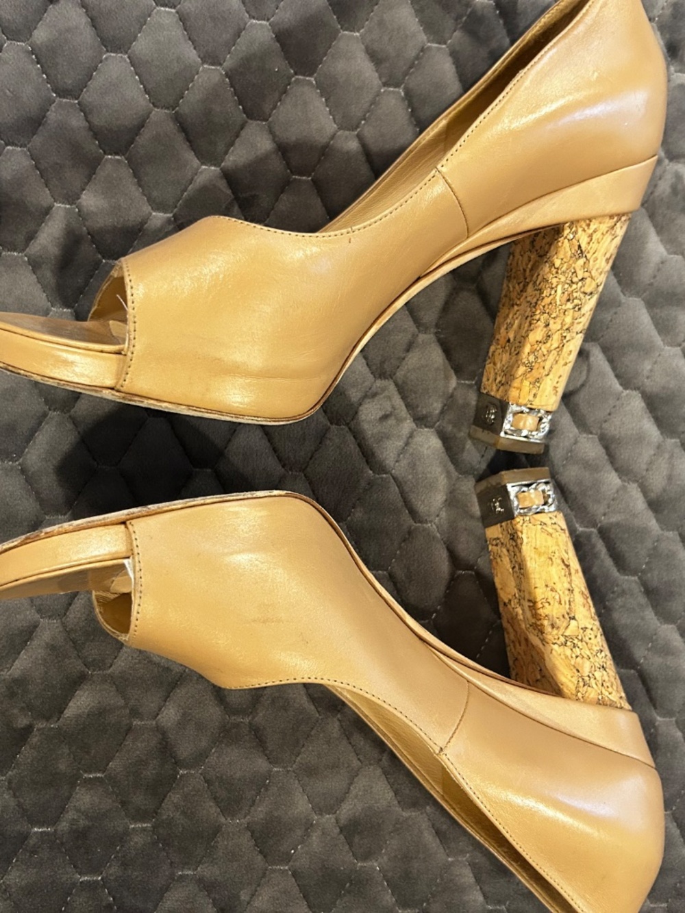 Chanel Tan Leather Chain Link Cork Heel Open Toe Pumps size 40